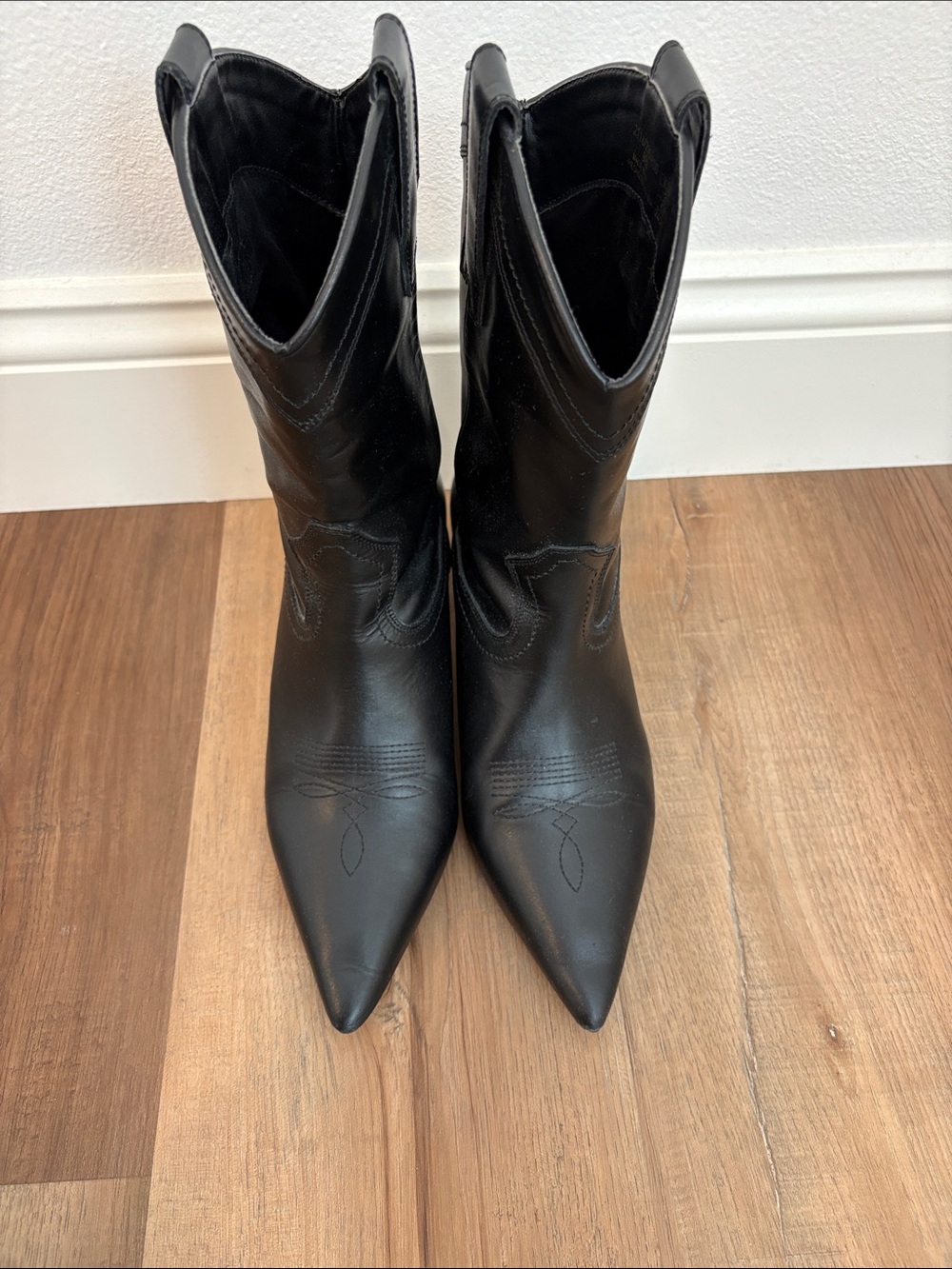 Zara- Black Pointed-Toe Western Mid-Calf Boots